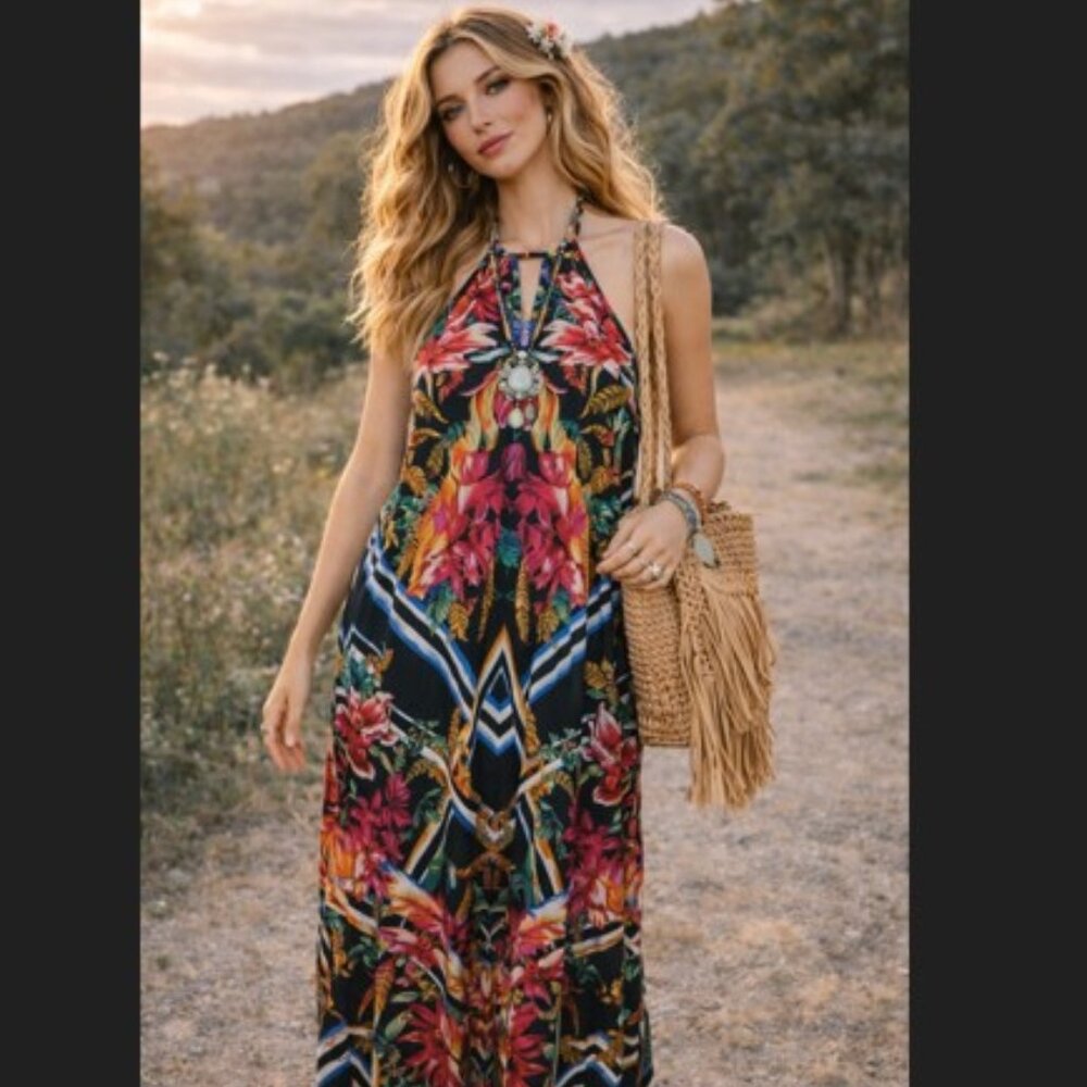 Flying Tomato Floral Maxi Dress L Black Halter Tassel Boho Festival Chic